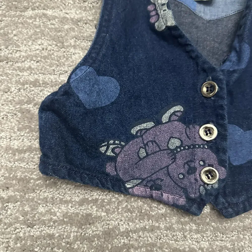 Vintage OshKosh B'gosh Vest Girls 3T Blue Denim Teddy Bear Heart Print USA 90s